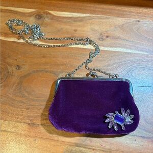 Purple Velvet Jeweled Evening Clutch Purse with Chain Strap Vintage Style